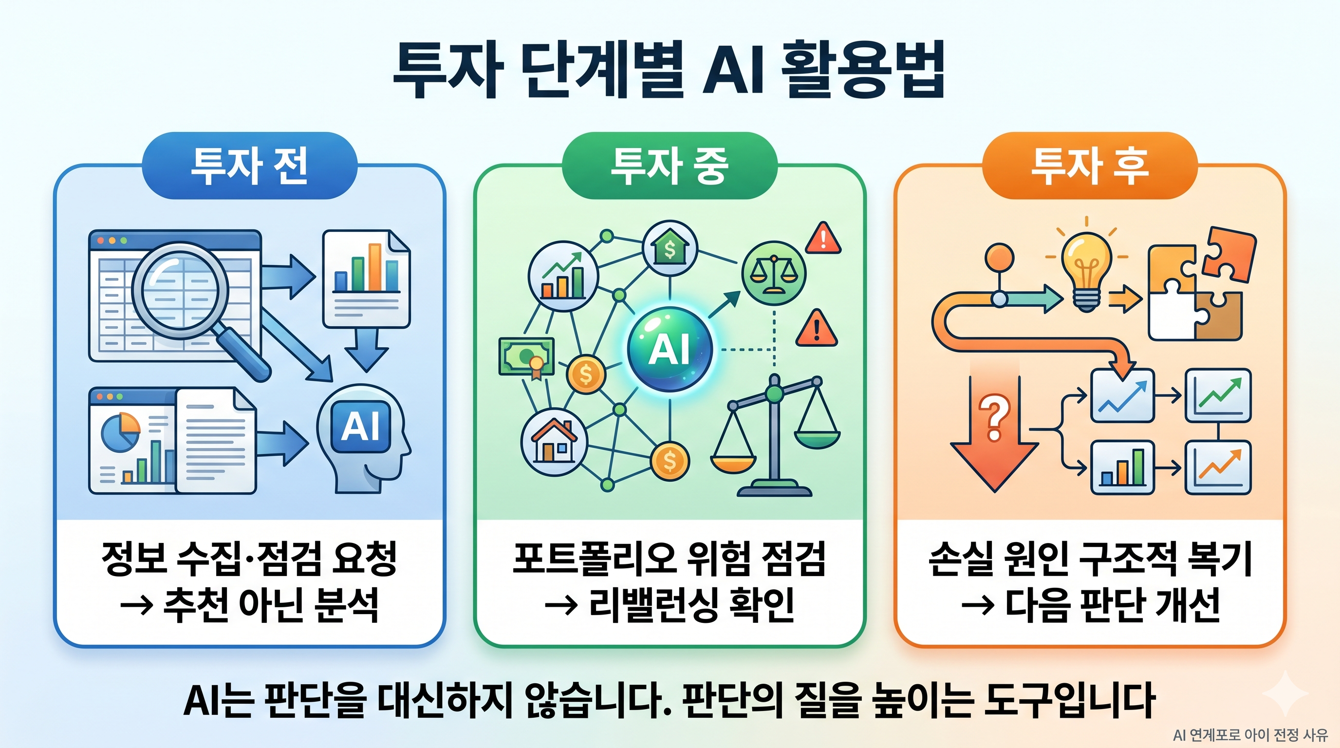 투자 단계별 AI 활용법을 정리한 인포그래픽