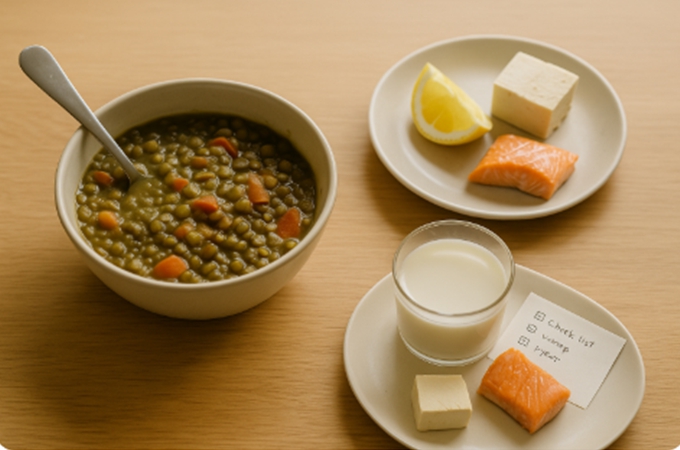 비헤미 철분식(렌틸)과 단백질을 비타민C와 함께 구성한 접시.