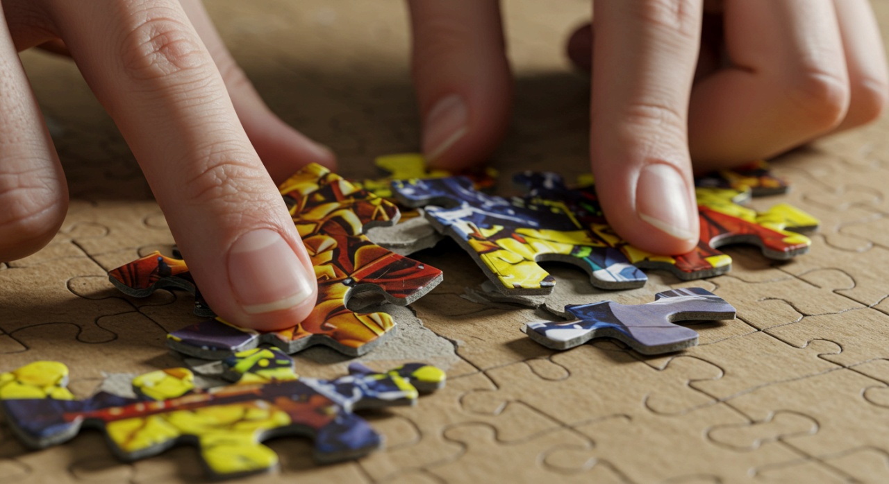 손에 의해 억지로 맞춰지면서 심하게 찌그러지고 찢어진 퍼즐 조각들