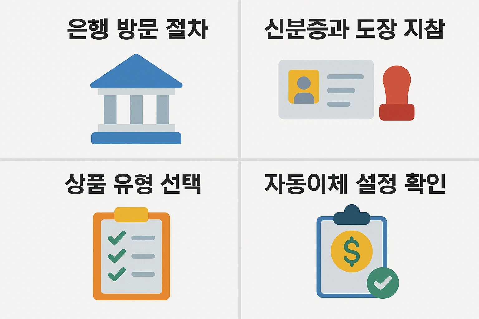 신분증과 도장을 준비해 은행 창구에서 청약통장을 개설하는 절차와 상품 선택, 자동이체 설정 방법을 안내한 인포그래픽