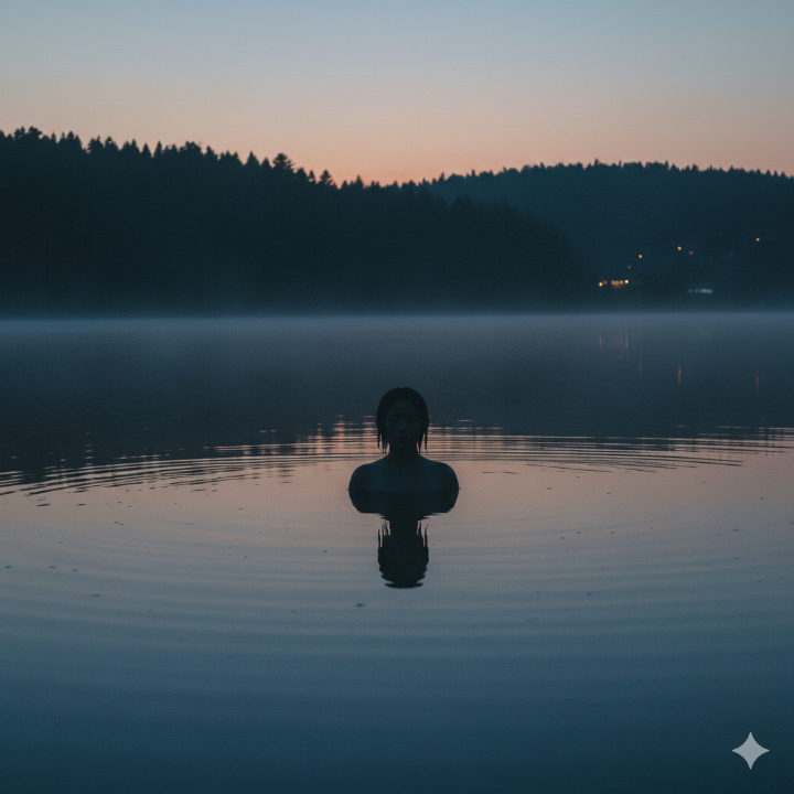 잔잔한 호숫가, 물에 반쯤 잠긴 어렴풋한 사람의 실루엣