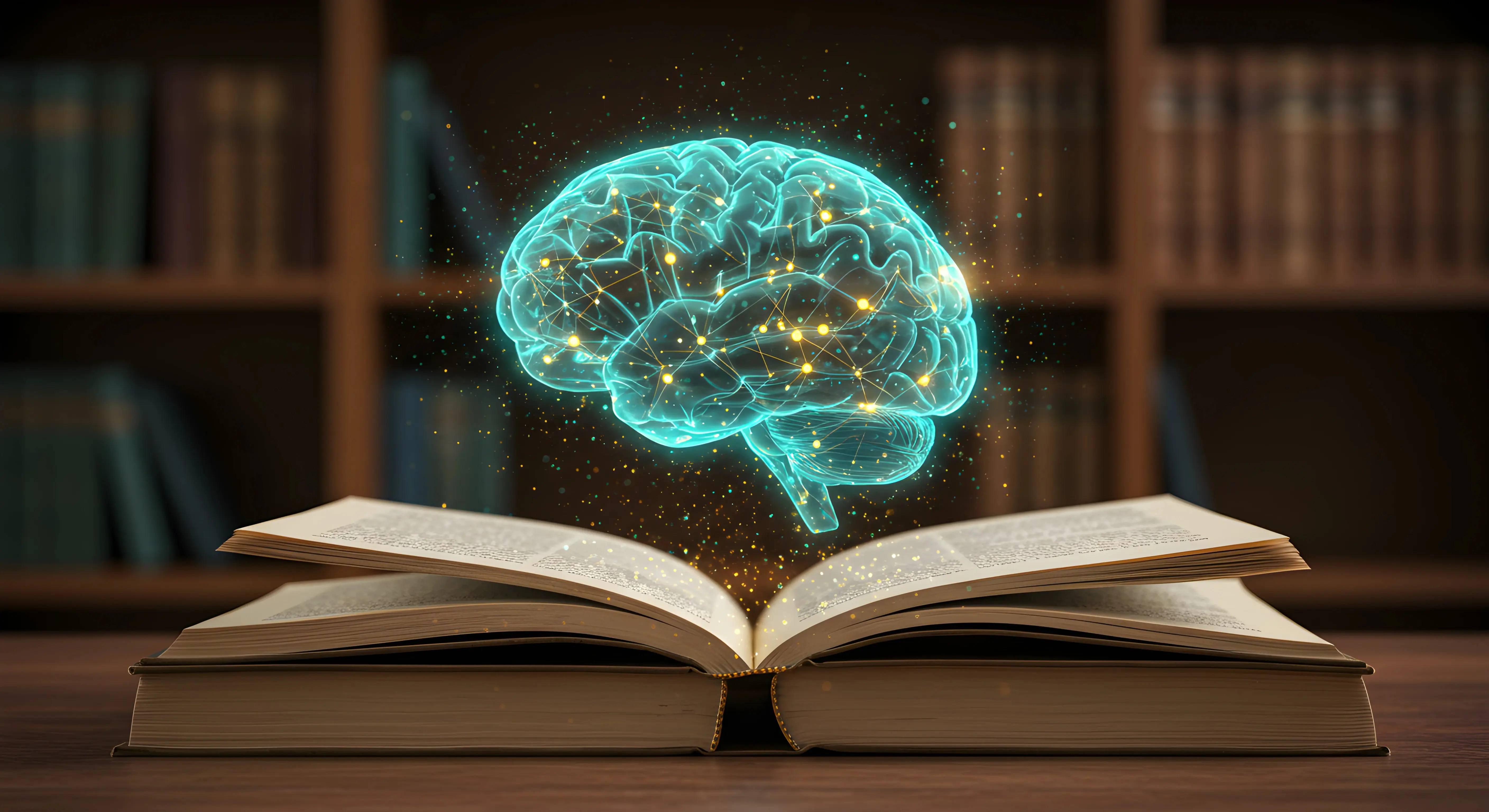 열린 책 위로 떠오르는 청록색 투명한 뇌 실루엣, 금색과 청록색 신경 연결망이 빛나며 책장이 있는 도서관 배경, 독서가 뇌에 미치는 영향을 시각화한 디지털 아트