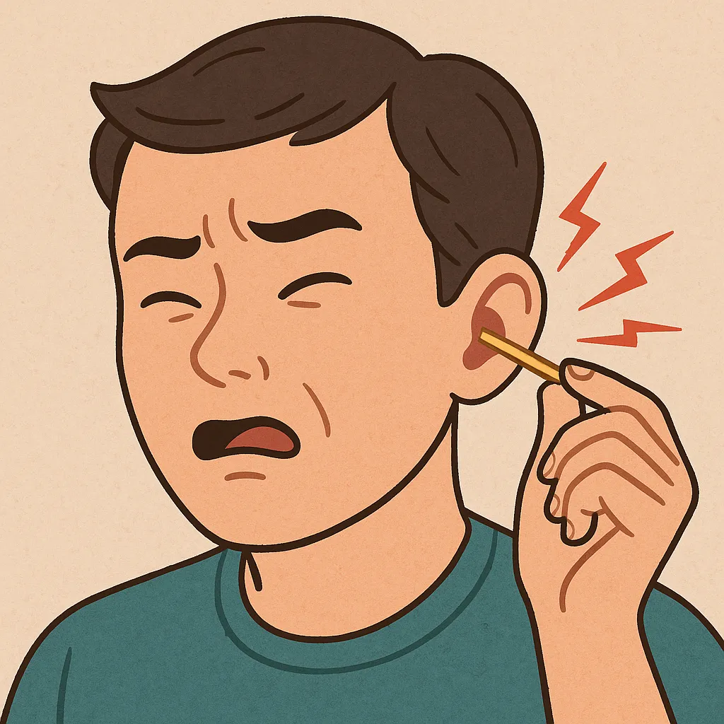 귓속이-간지러운-이유를-표현한-일러스트로,-남성이-면봉으로-귀를-긁으며-불편한-표정을-짓는-모습이-그려져,-귀-건조,-염증-또는-귀지-문제를-상징적으로-표현함.