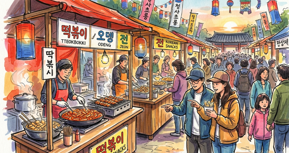 축제장에서 판매하는 다양한 먹거리와 지역 특산품을 구경하는 사람들