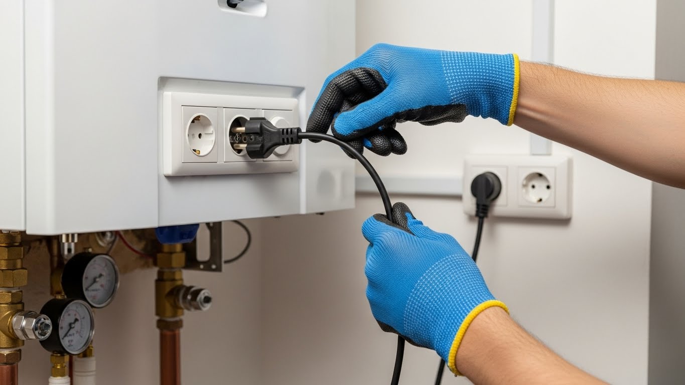 보일러의 전원 코드를 분리했다가 다시 연결하는 모습