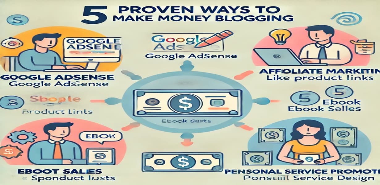 5가지 블로그 수익화 방법(구글 애드센스, 제휴 마케팅, 전자책 판매, 서비스 홍보 등)을 설명한 인포그래픽 이미지