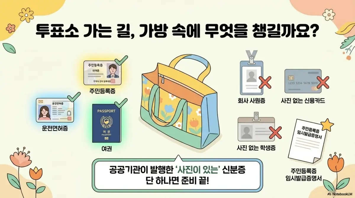 지방선거 투표 시간:투표소에서 인정되는 신분증과 인정되지 않는 신분증을 가방 일러스트와 함께 비교한 이미지. 주민등록증과 운전면허증과 여권에는 체크 표시가, 회사 사원증과 사진 없는 신용카드와 사진 없는 학생증에는 엑스 표시가 되어 있으며 공공기관이 발행한 사진이 있는 신분증 하나면 준비 끝이라는 안내 문구가 포함되어 있다