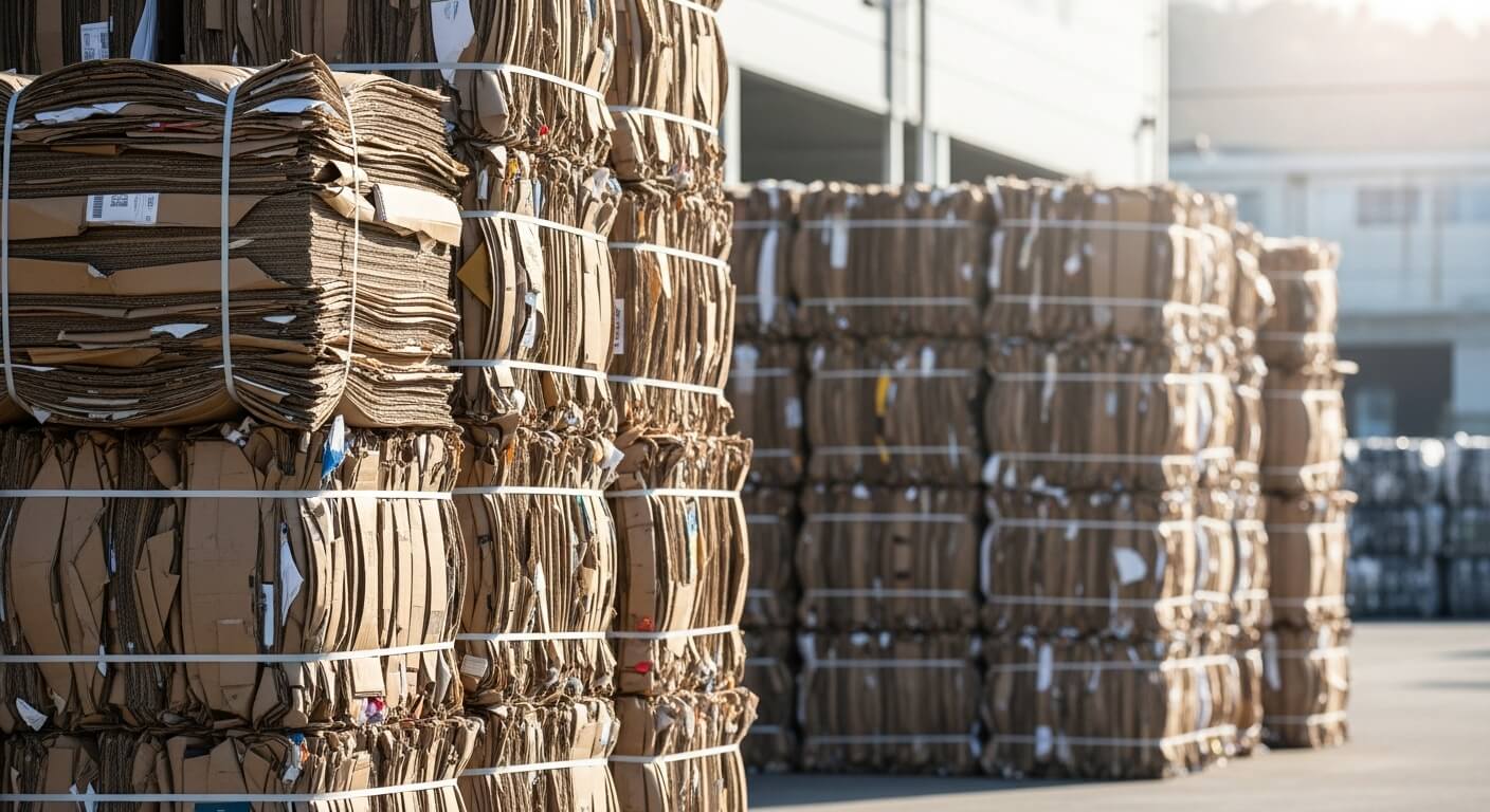 야적장에 쌓여 끈으로 묶인 골판지 폐지 더미