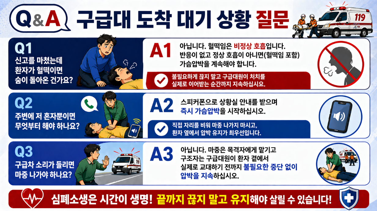 구급대 도착 전 대기 상황에서 자주 묻는 질문과 올바른 대응 방법 안내 이미지