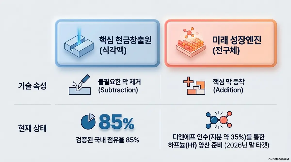 솔브레인 주가 전망: 핵심 현금창출원인 식각액과 미래 성장엔진인 전구체를 좌우로 비교한 이미지. 검증된 국내 점유율 85%의 식각액과 디엔에프 인수를 통한 하프늄 전구체 양산 준비(2026년 말 타겟)를 시각적으로 전달하며&amp;#44; 블로그의 솔브레인 사업 전환과 관련된 내용을 설명함