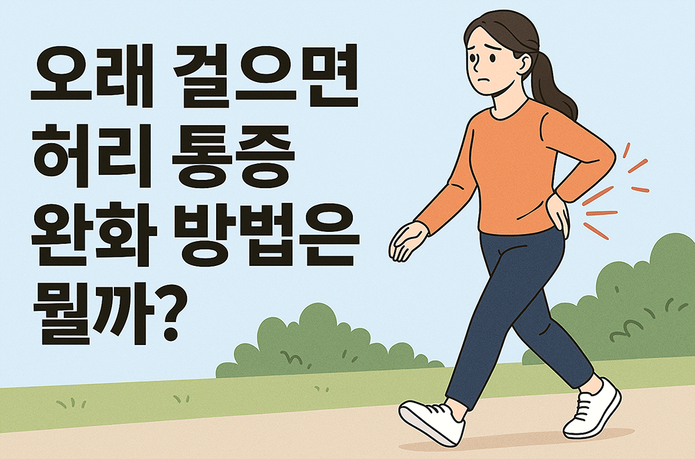 허리가 아픈 여성이 걷고 있는 이미지가 그려져 있습니다.