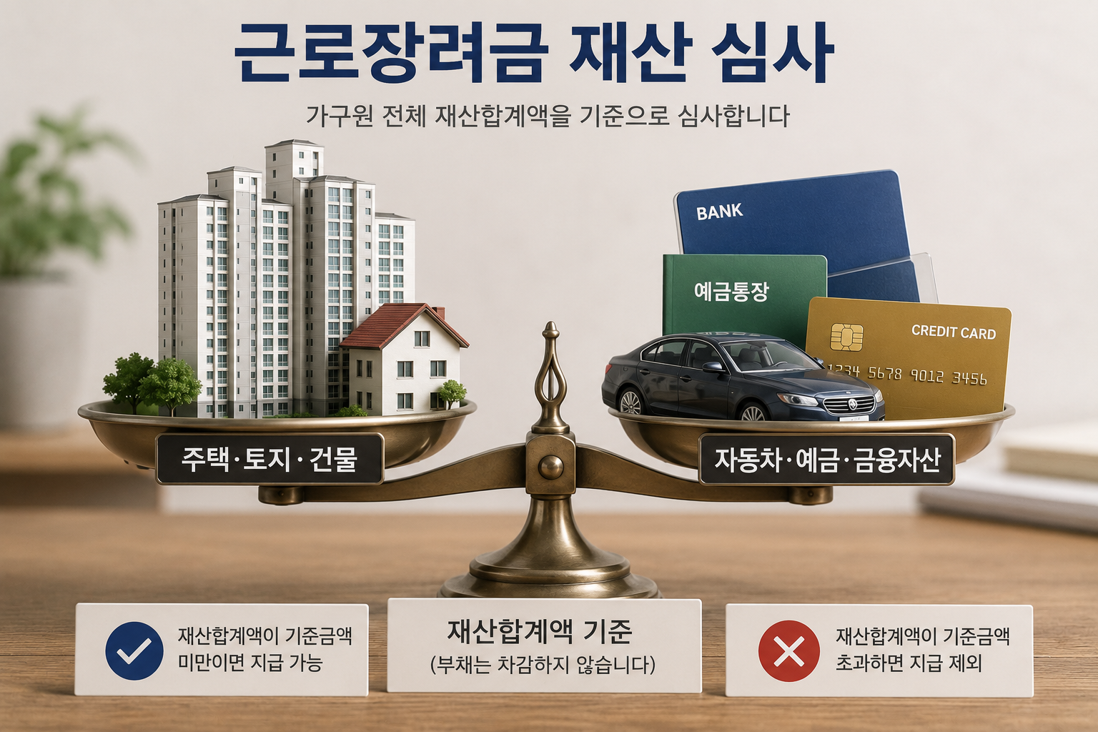 아파트·자동차·예금카드를 저울 위에 올려 재산심사를 표현한 개념 이미지
