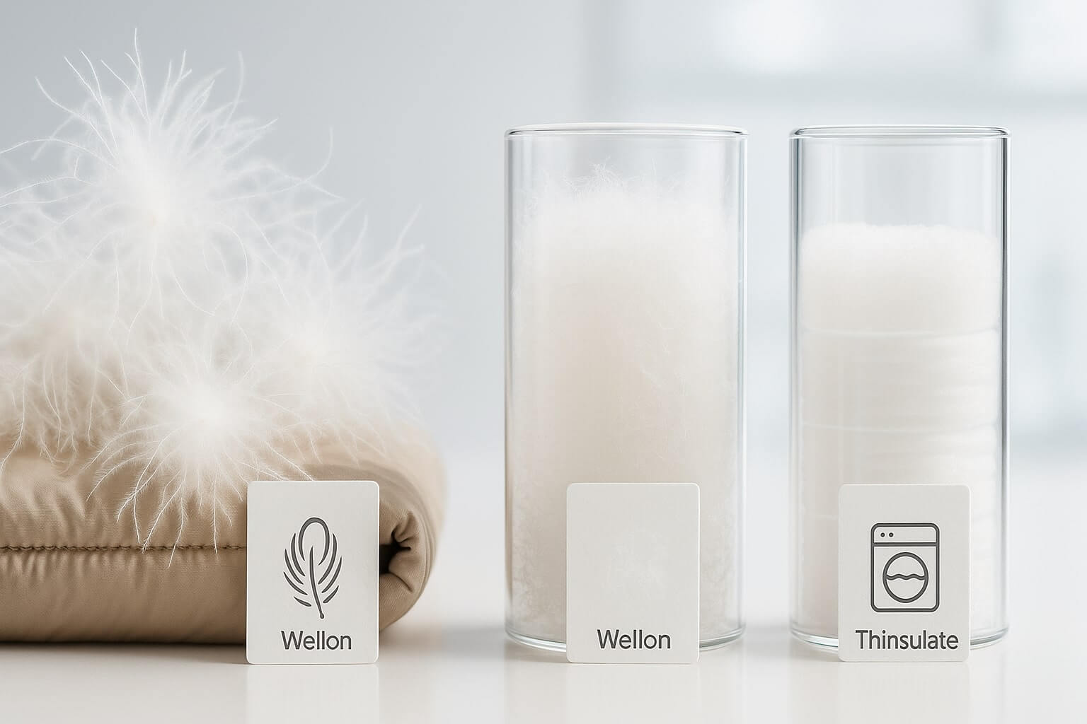 구스다운, 덕다운, 웰론, 신슐레이트 충전재 비교 이미지