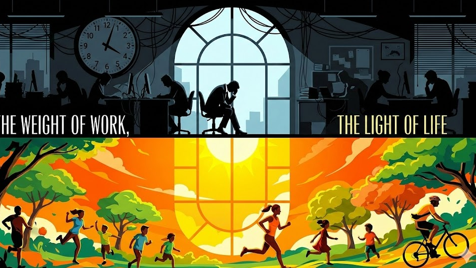 어두운 실내에서 창밖의 밝은 햇살을 바라보는 현대인의 실루엣, 비타민D 부족을 상징하는 감각적인 일러스트