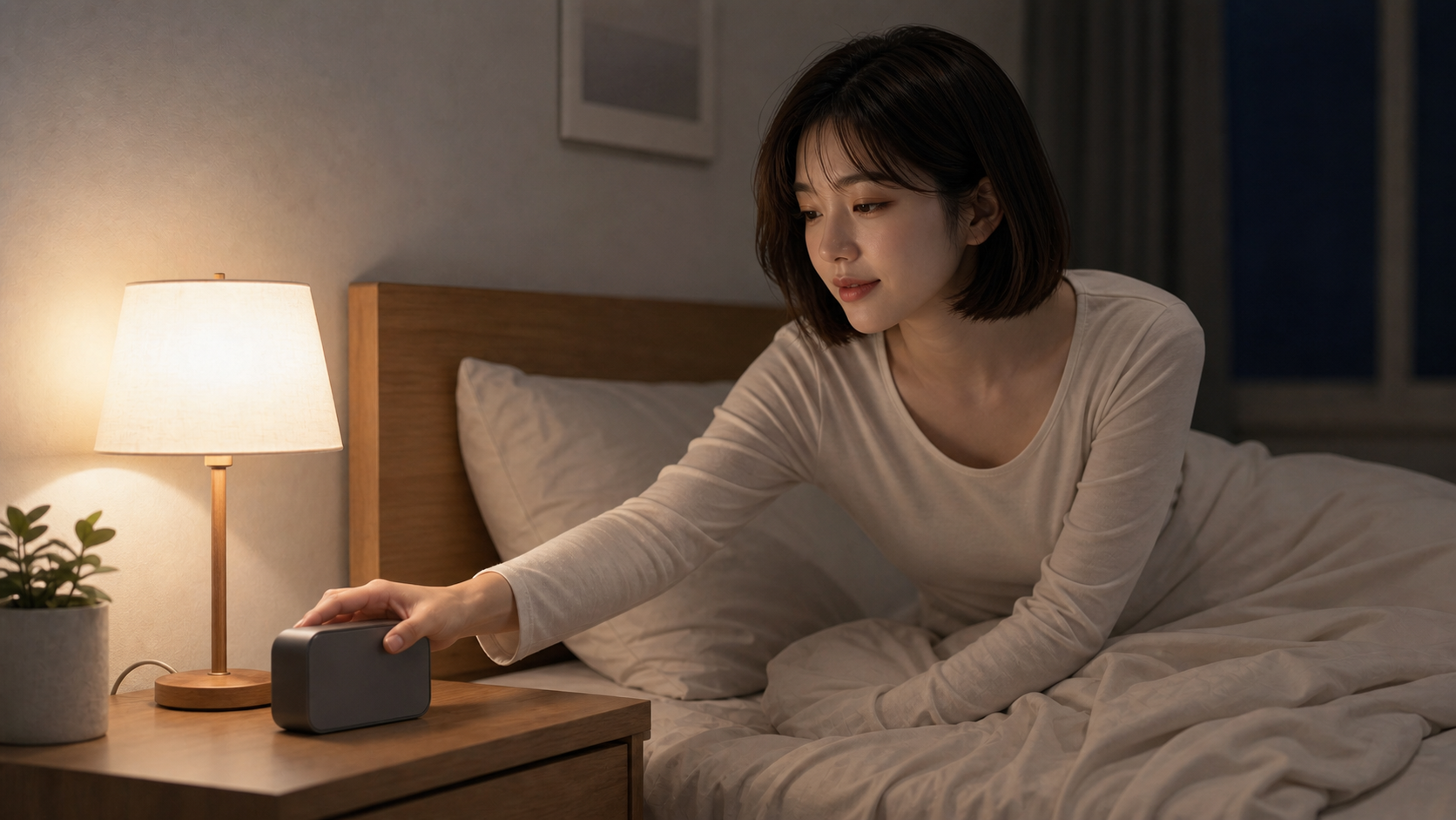 장신구 없이 침대 옆 탁자 위 디지털 시계를 보이지 않게 돌려두는 서윤