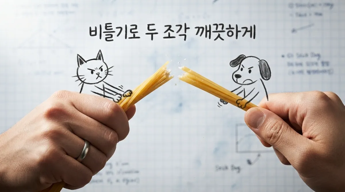 한 쌍의 손이 마른 스파게티 면의 양끝을 약 270도 이상 강하게 비틀어 회전 응력을 가하면서 동시에 구부리고 있는 기술적 접사 이미지. 가운데에서 정확히 두 조각으로 깨끗하게 분리되는 순간의 모습이 실험실 그리드 배경 위에 포착되어 있으며, 손그림 스틱 캣과 스틱 독이 양쪽 끝을 함께 비트는 모습이 오버레이됨.