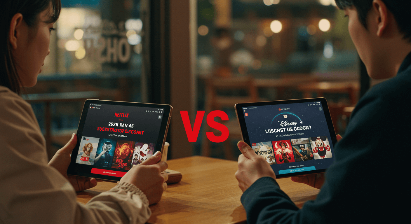 남성 2명이 카페에서 서로 다른 OTT 할인 혜택을 비교하는 모습 1