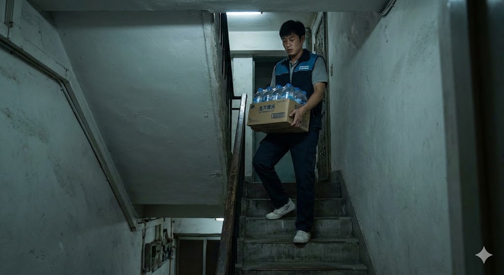 생수를 들고 계단을 내려오는 이미지