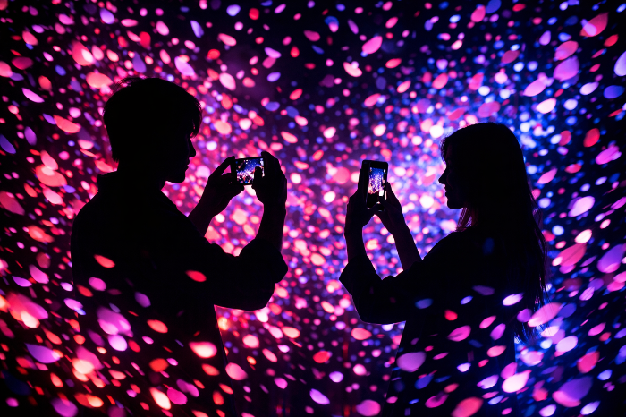 미디어아트 전시장의 화려한 시각 효과와 촬영 포인트.