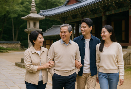 사찰에서 가족들이 여행하는 모습