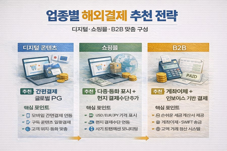 디지털 콘텐츠, 쇼핑몰, B2B 업종별로 추천되는 해외결제 시스템 조합을 정리한 인포그래픽입니다.