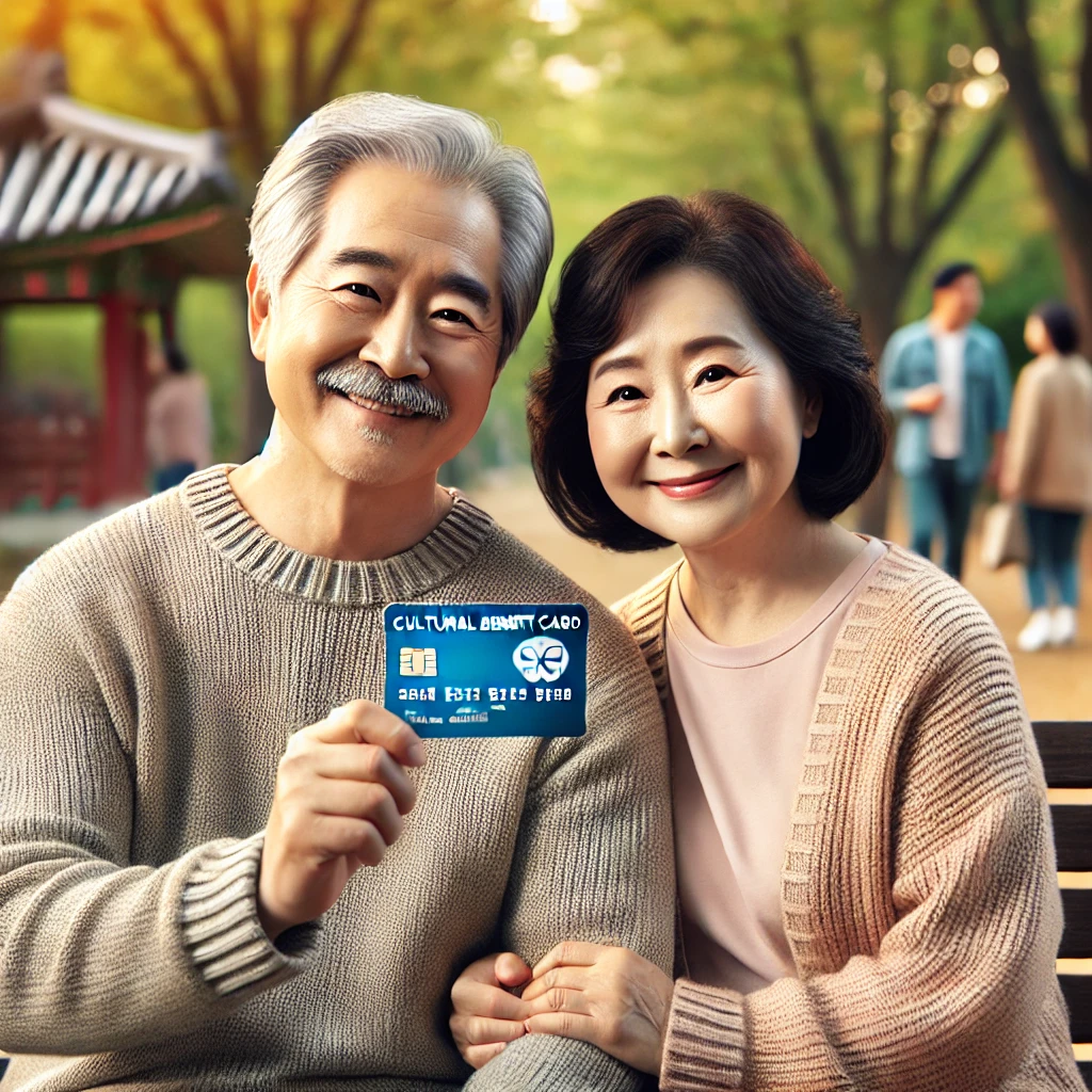 공원 벤치에 앉아 문화누리카드를 들고 미소 짓는 한국 노부부.