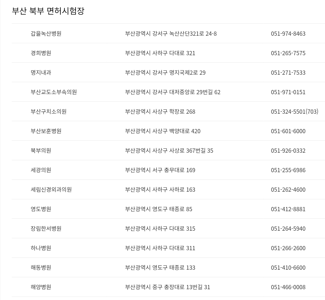 부산 북부 운전면허시험장 신체검사서 발급기관 주소, 연락처 등 안내