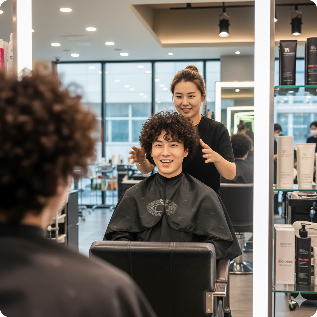 컬리한 머리를 가진 남성이 미용실 의자에 앉아 뒤에 서있는 헤어디자이너 (여성)과 미소지으며 소통하는 모습을 거울을 통해 촬영한 이미지. 남성은 미용가운을 두르고 있고 서로 거울을 통해 눈을 맞추며 얘기하는 중이다.