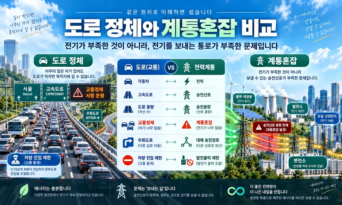 자동차와 고속도로의 교통정체를 전력과 송전선로의 계통혼잡에 비교한 인포그래픽