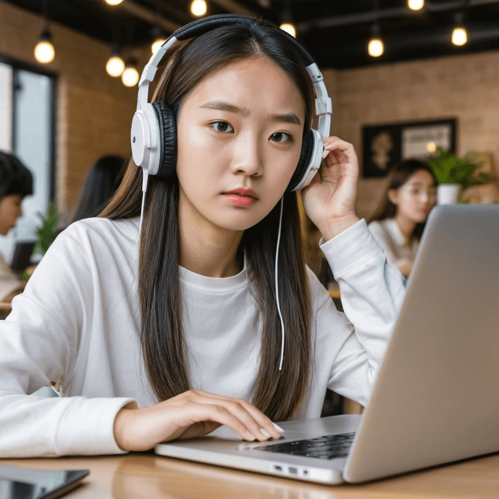 여성이 해드폰은 쓰고 컴퓨터앞에 앉아 컴퓨터를 하고있음.