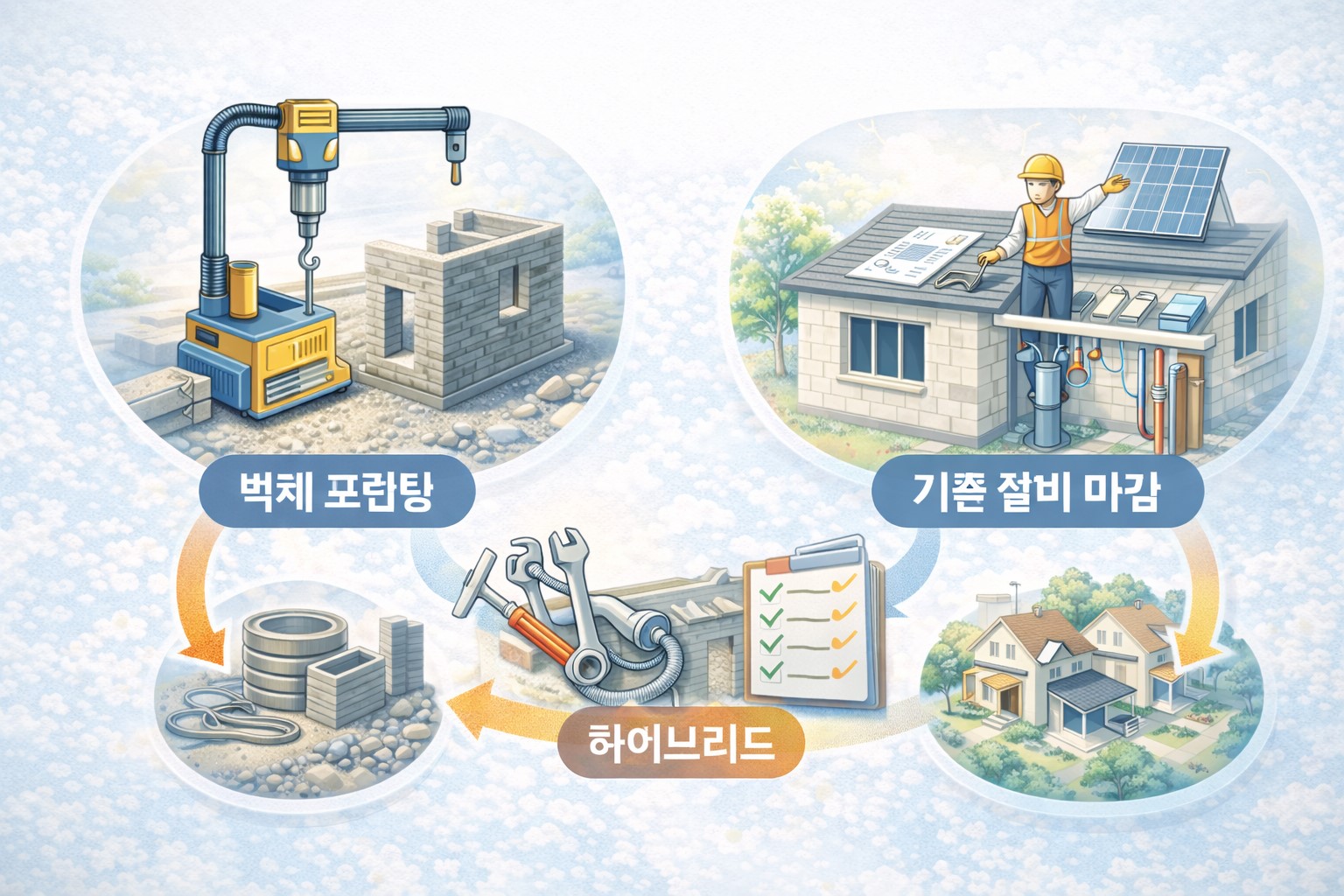 건축용 3D 프린팅에서 벽체 프린팅과 기존 설비 마감 공정을 하이브리드 흐름도로 비교한 요약 다이어그램 이미지