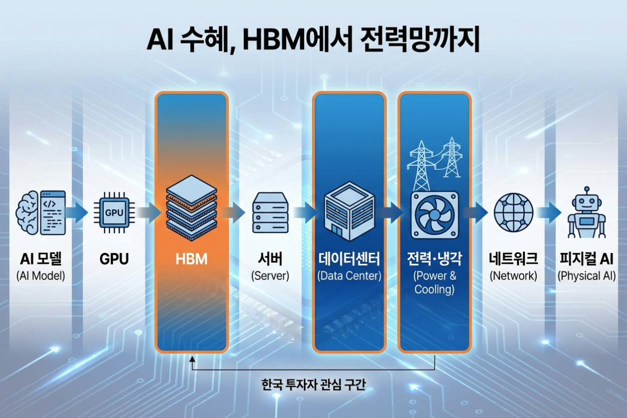AI 모델에서 GPU, HBM, 데이터센터, 전력기기와 냉각까지 이어지는 AI 반도체 투자 밸류체인 이미지