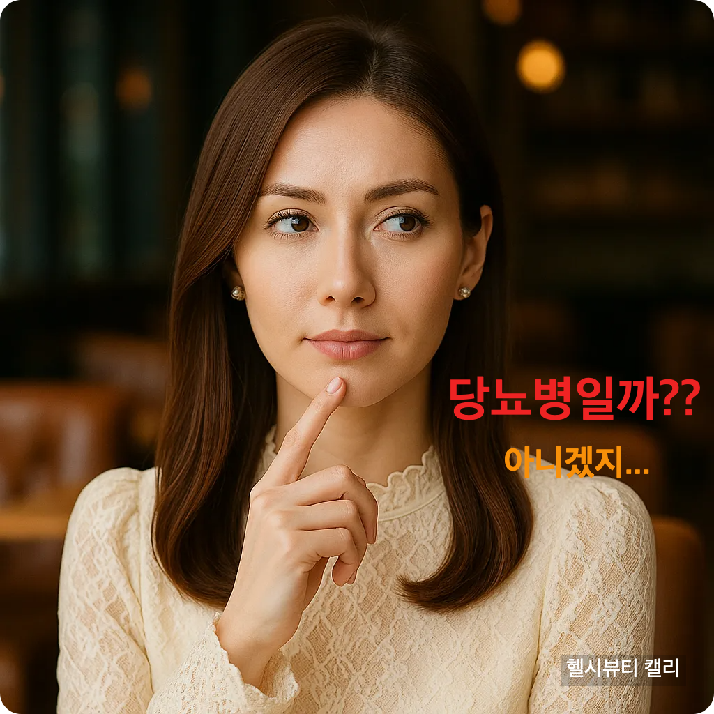 고급 카페에서 당뇨병 초기 증상을 조심스럽게 인식하는 표정의 30대 외국여성