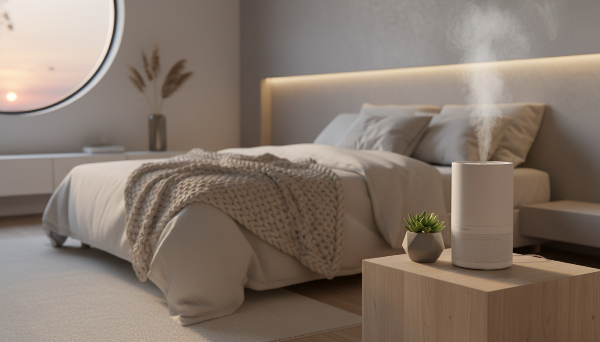 침실에서 작동 중인 현대적인 가습기, 겨울철 적정 습도 유지의 중요성