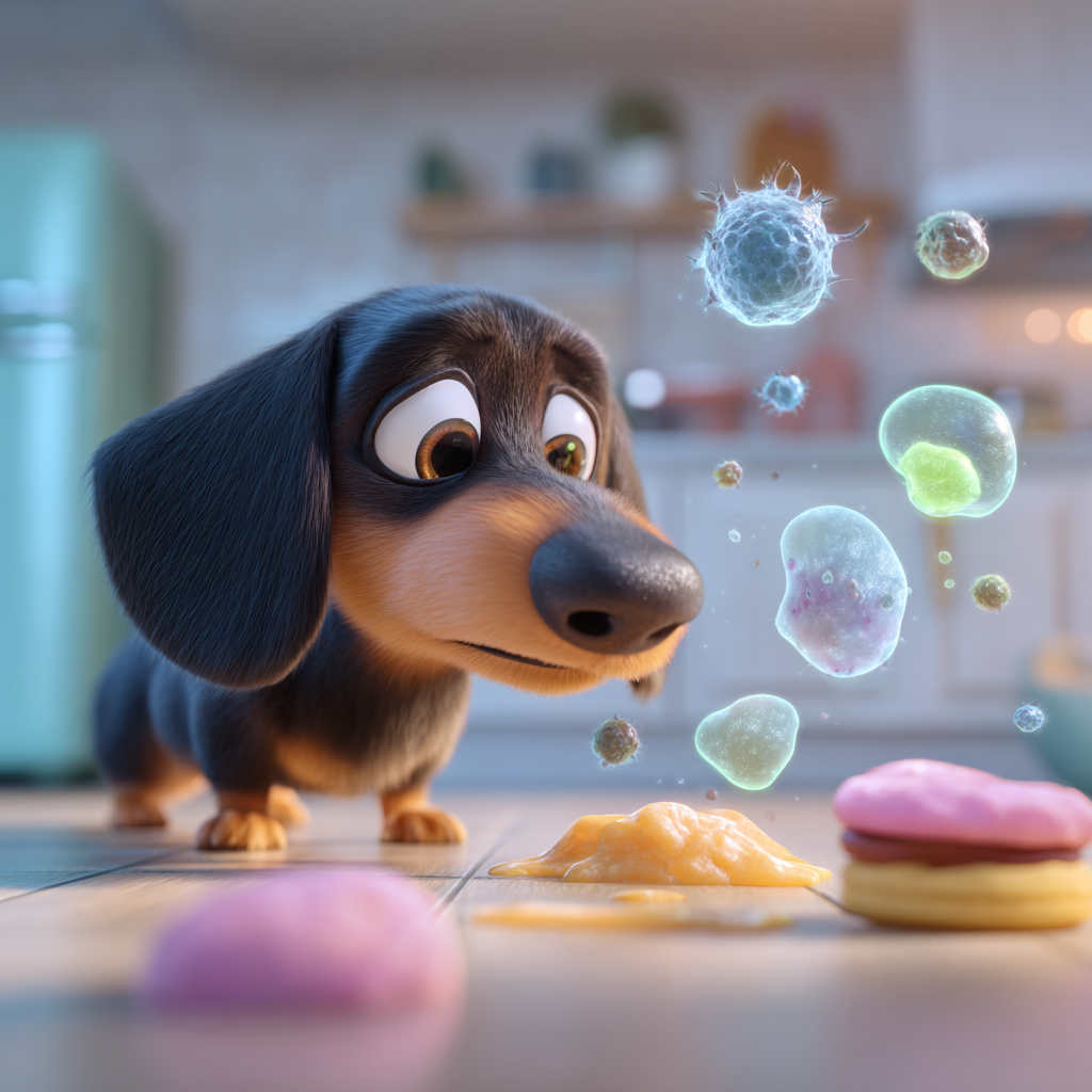 귀여운 닥스훈트 주변의 상한 음식과 세균, 픽사스타일 일러스트