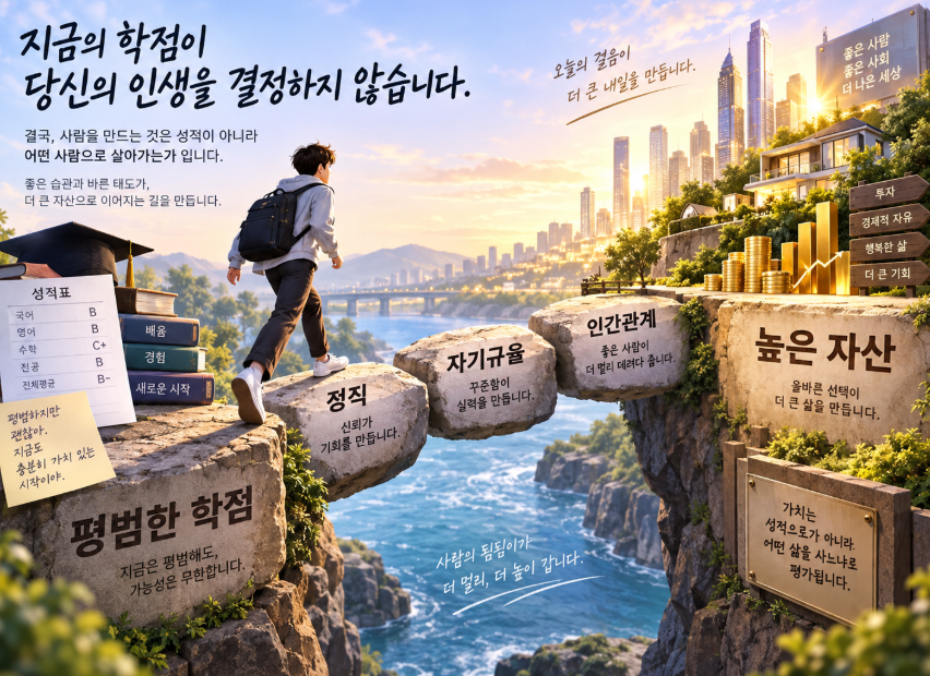 평범한 학점과 높은 자산 사이를 정직&middot;자기규율&middot;인간관계라는 디딤돌이 연결하는 다리 일러스트