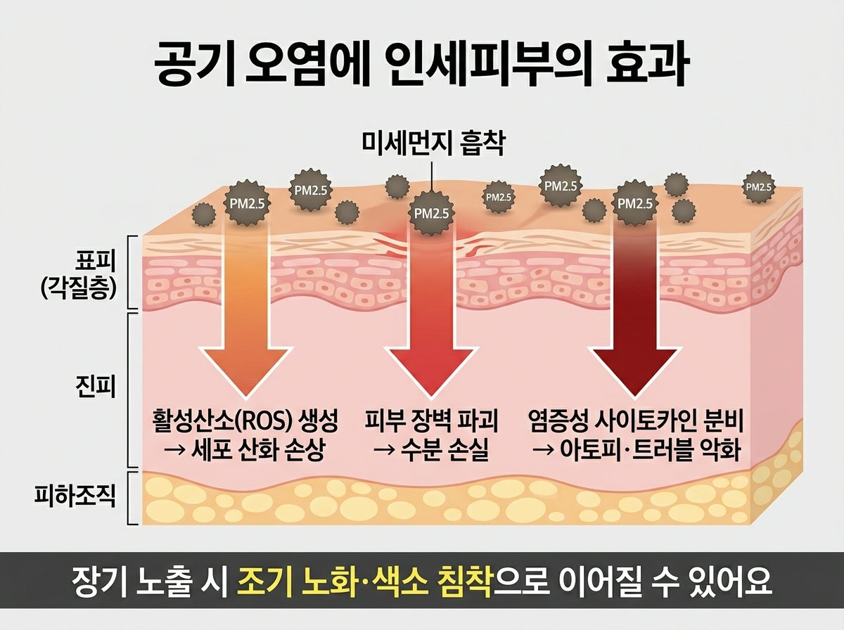 미세먼지 피부 영향, 초미세먼지 아토피 악화, PM2.5 피부 산화스트레스, 미세먼지 피부 노화, 황사 트러블