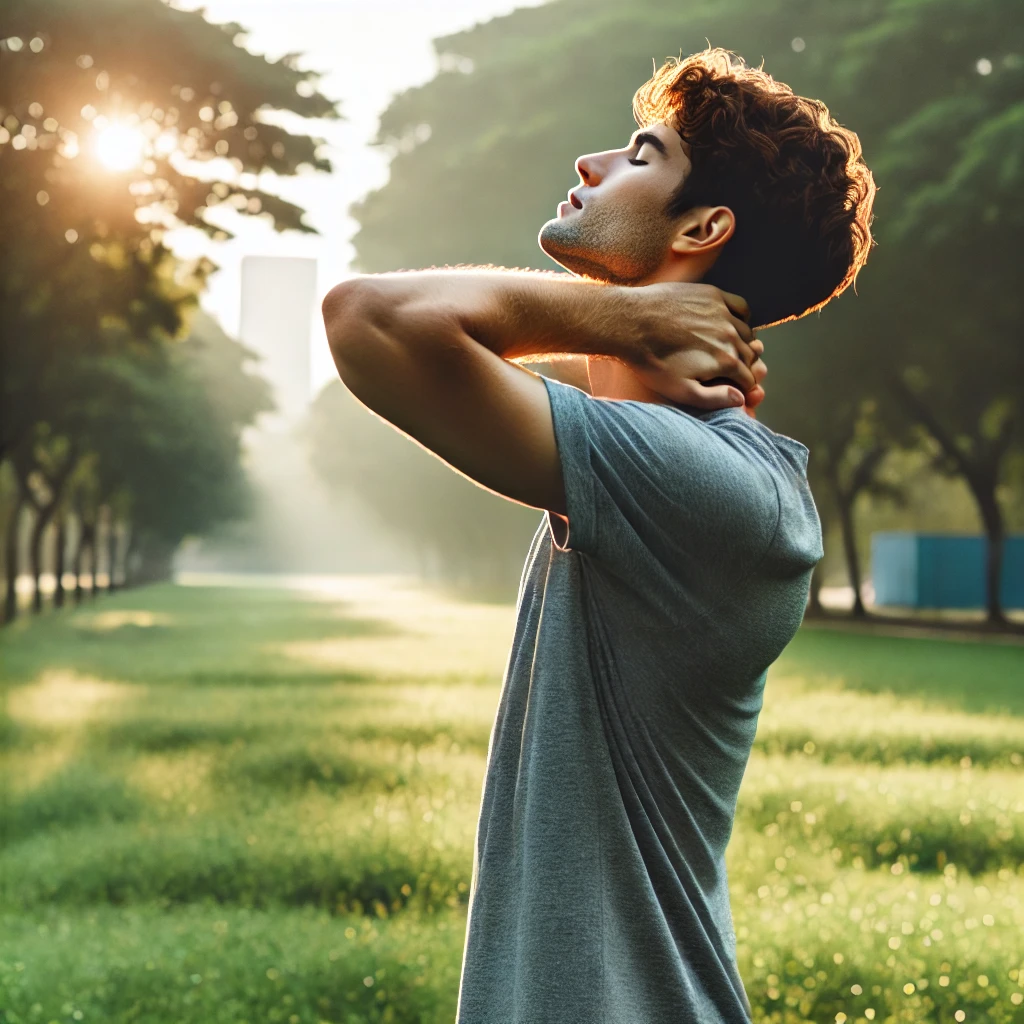 "아침 햇살 아래 야외에서 목 스트레칭을 하는 사람: 폐 건강을 돕기 위한 목과 어깨의 부드러운 이완 동작"