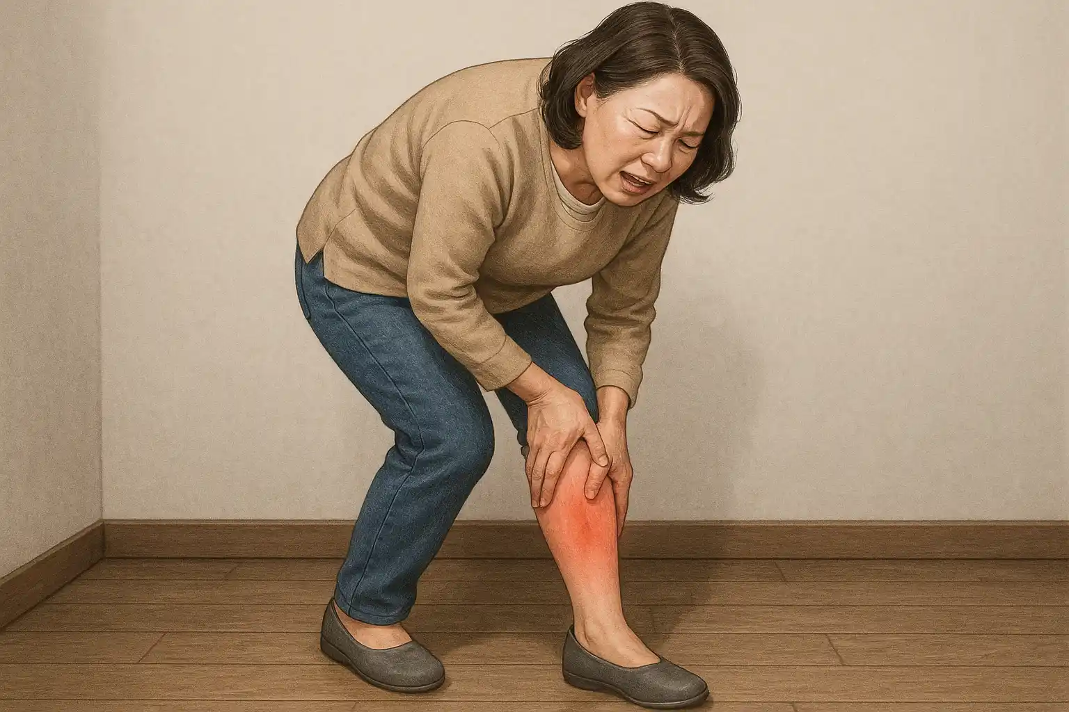 중년 여성이 왼쪽 종아리를 짚으며 통증을 느끼는 장면
