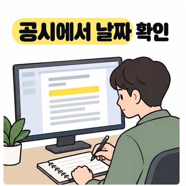 공시에서 날짜 확인이라는 문구 아래 남성이 모니터의 강조된 문서를 보며 수첩에 메모하는 모습