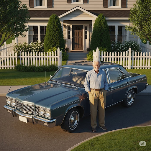 클래식한 자동차 옆에 고령의 할아버지가 서 있다.