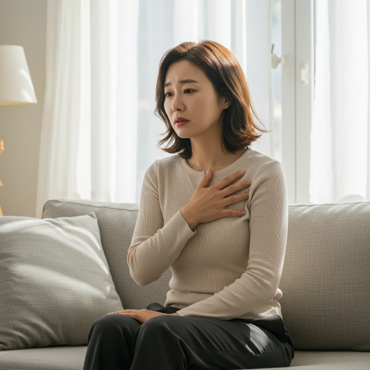 가슴을 답답해 하며 소파에 앉아 있는 중년여성 모습