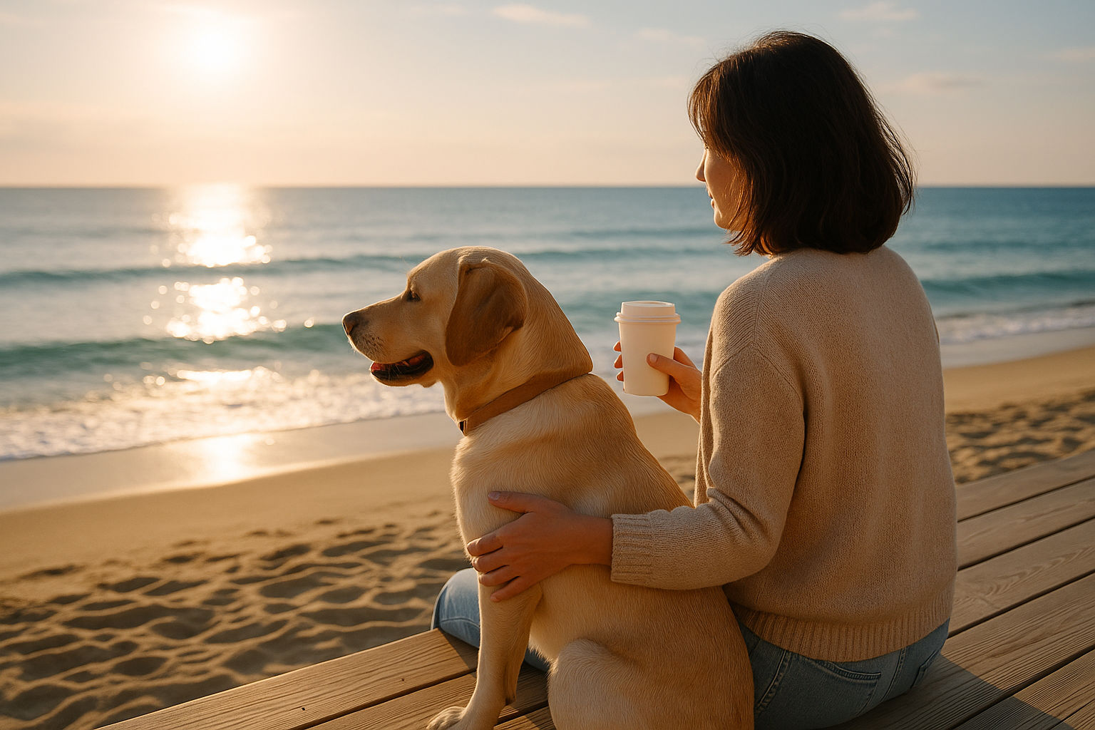 강릉 바다에서 반려견과 바다를 보는 사진