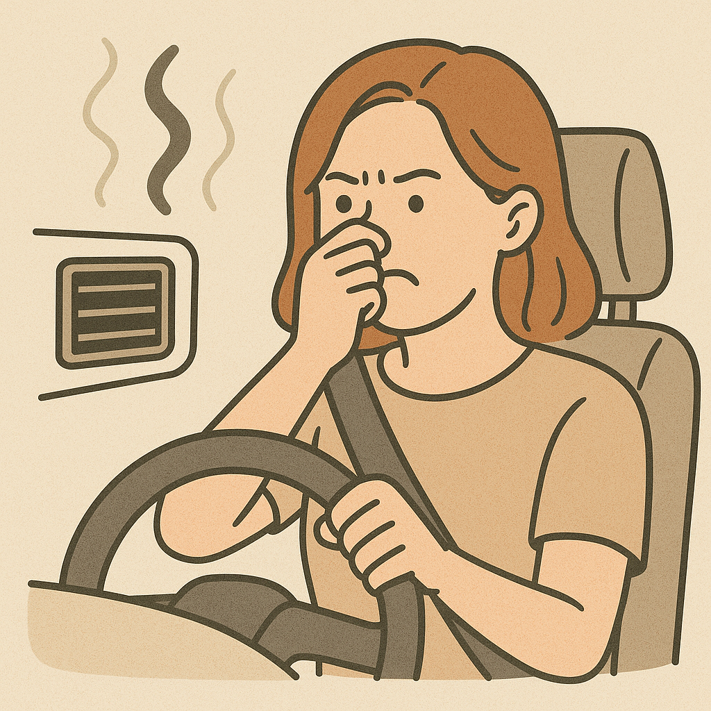 자동차 안에서 냄새에 불쾌해하는 여성 운전자