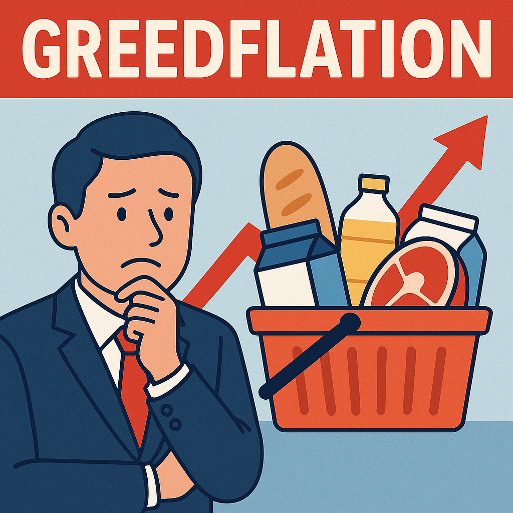 Greedflation(욕심 인플레)을 주제로 한 인포그래픽. 정장을 입은 기업인이 가격표가 붙은 상품 바구니를 움켜쥐고 있고, 뒤편에는 물가 상승을 나타내는 빨간 그래프가 치솟고 있다. 소비자는 당황한 표정으로 장바구니를 바라보며 생활비 부담을 상징한다.
