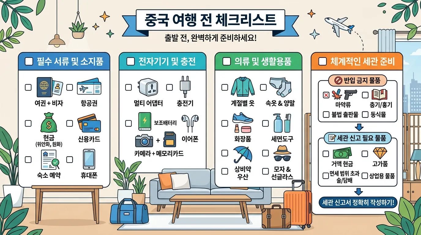 중국 여행 출국 전 캐리어 품목을 다시 점검하는 체크리스트 장면