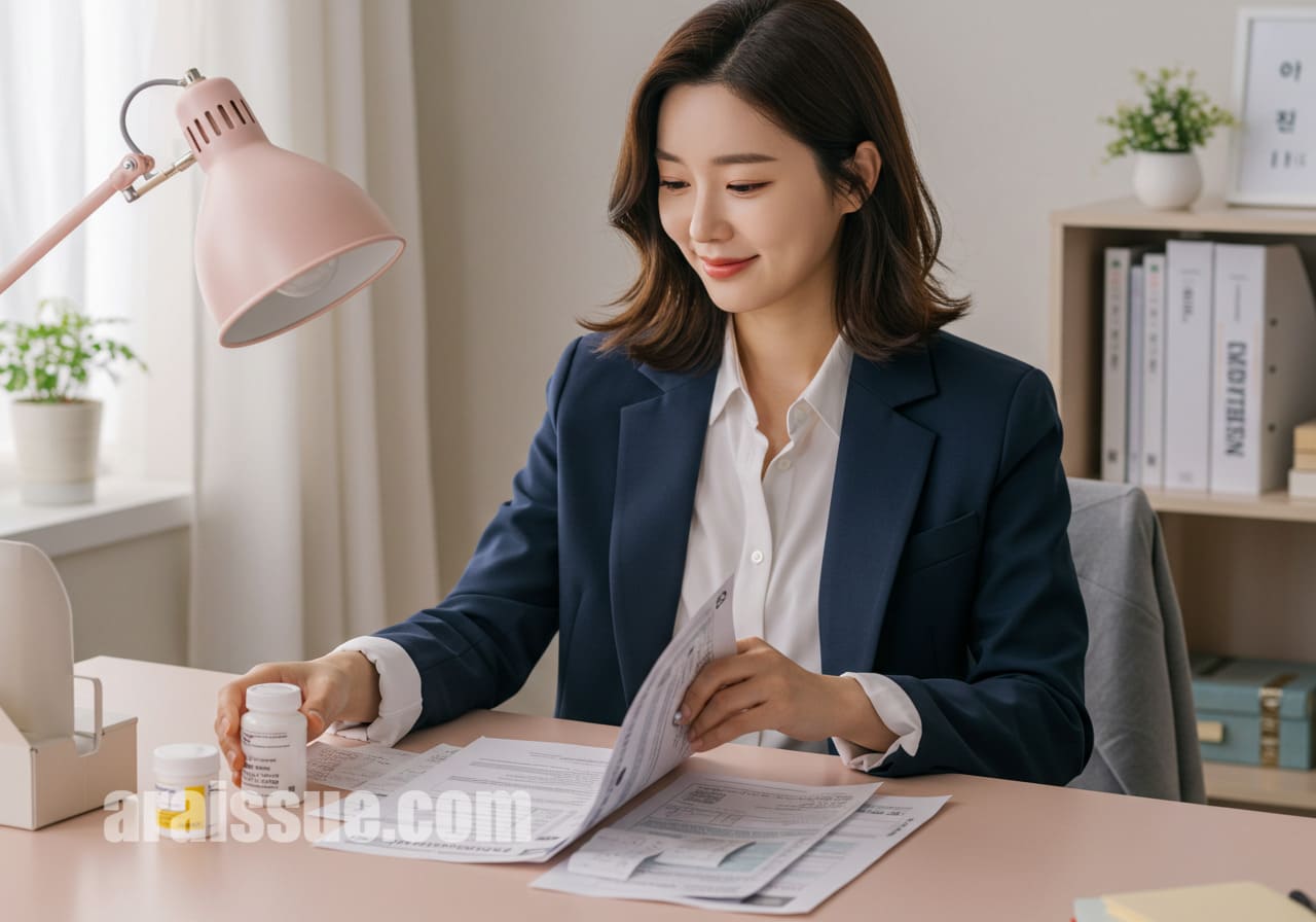 한국인 여성이 서류를 정리하고 영수증과 처방전을 준비하는 모습. 연말정산을 위한 서류 준비를 나타냅니다.