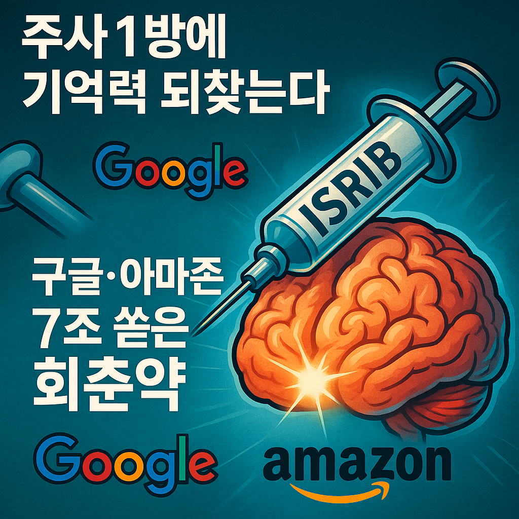 회춘약 ISRIB과 기억력 회복을 상징하는 뇌 일러스트와 주사 이미지를 조합한 건강·과학 정보 썸네일