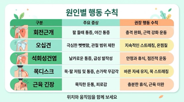 어깨통증 원인별 특징 동반 증상 행동 기준 비교표