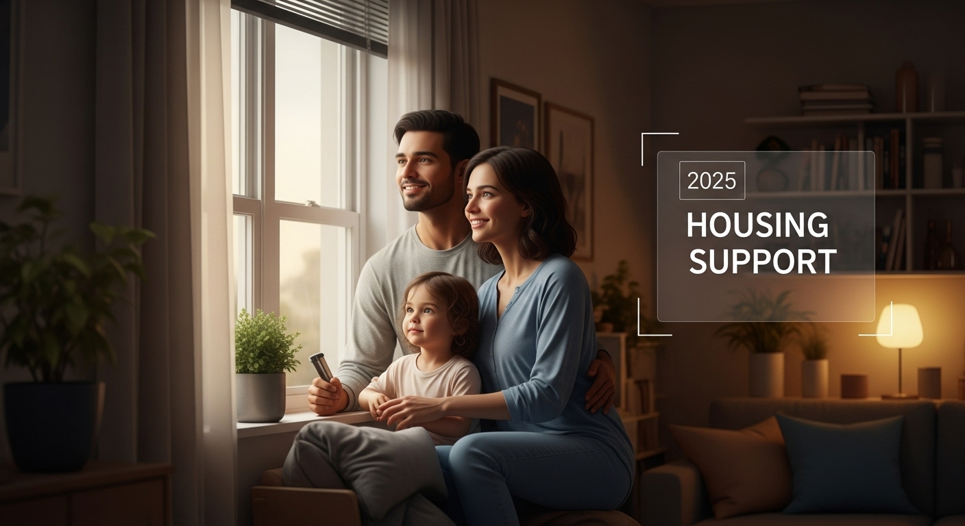 따뜻하고 안정적인 분위기의 집에서 창밖을 보며 미소 짓는 젊은 부부와 아이, 2025년 전월세 지원금으로 주거 안정과 행복을 찾은 모습을 상징하는 이미지.